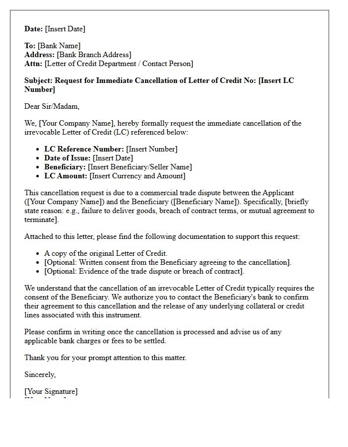 Commercial Trade Dispute Letter of Credit Cancellation Letter