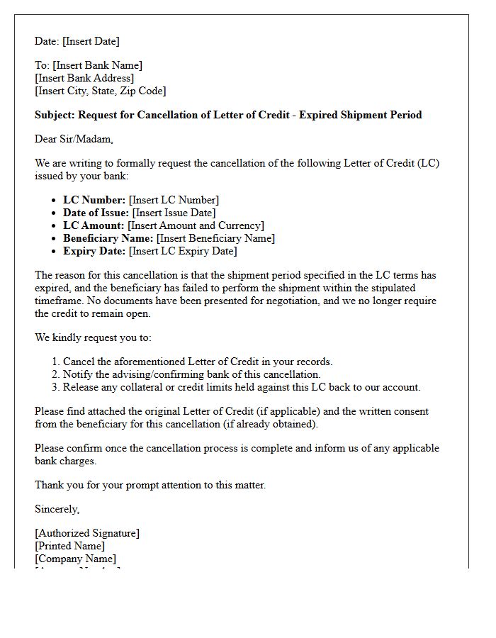 Expired Shipment Period Letter of Credit Cancellation Letter