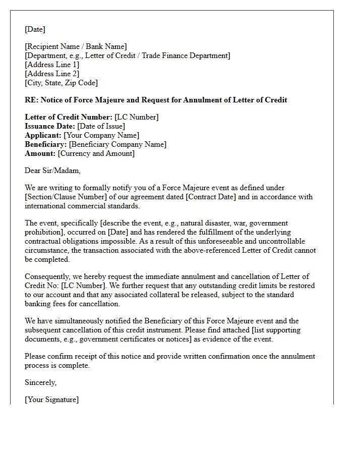 Force Majeure Event Letter of Credit Annulment Letter