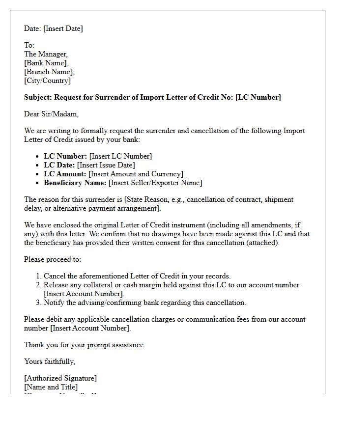 Import Letter of Credit Surrender Request Letter