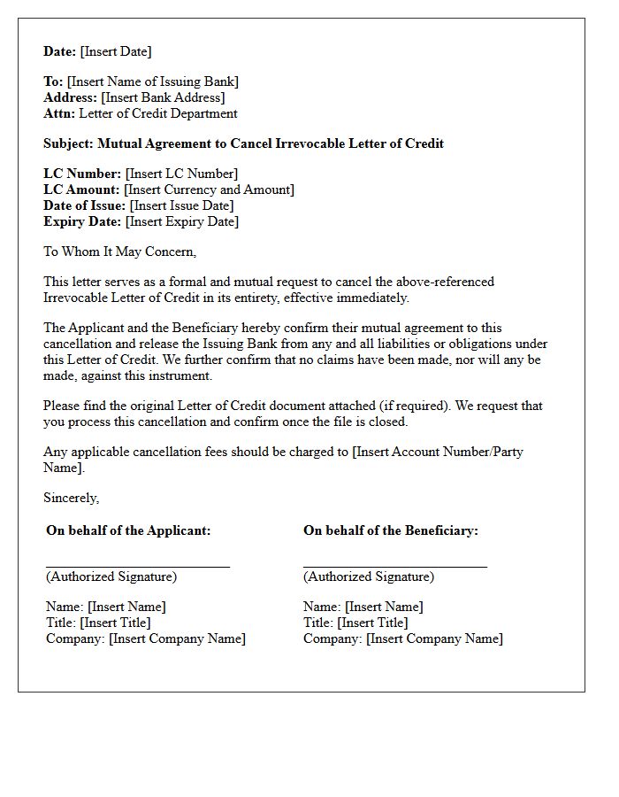 Mutual Agreement Letter of Credit Cancellation Request Letter