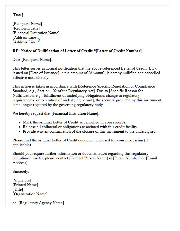 Regulatory Compliance Letter of Credit Nullification Letter