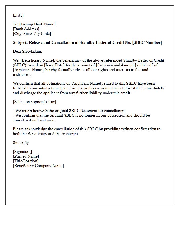 Standby Letter of Credit Release and Cancellation Letter