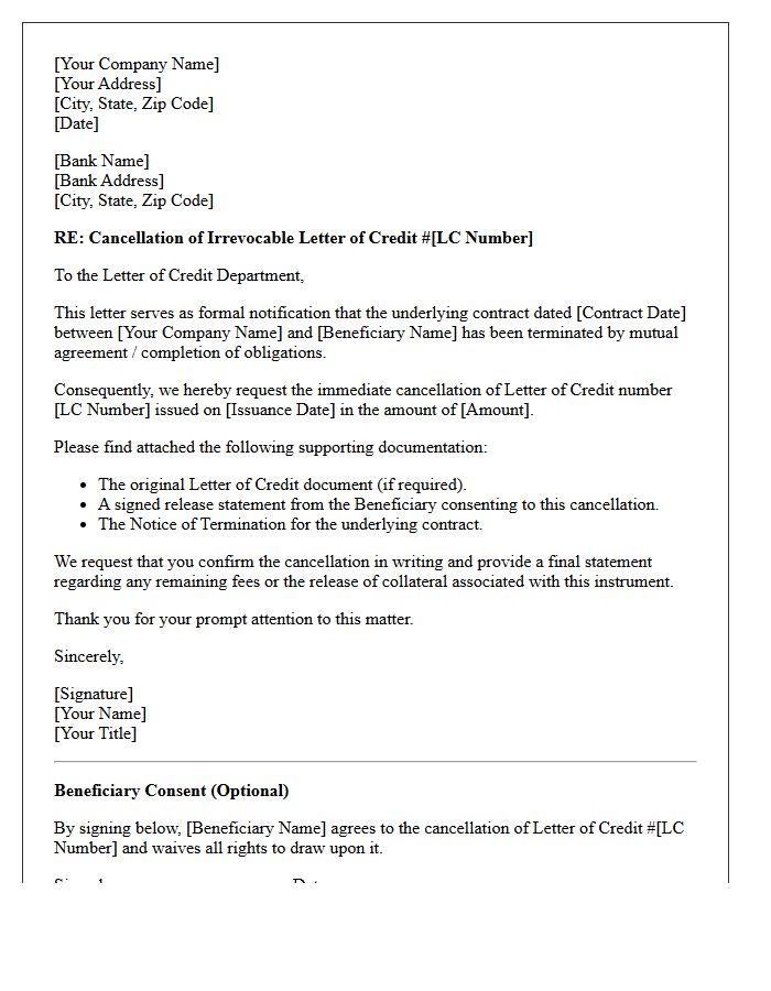 Underlying Contract Termination Letter of Credit Cancellation Letter