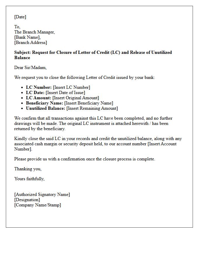 Unutilized Balance Letter of Credit Closure Request Letter