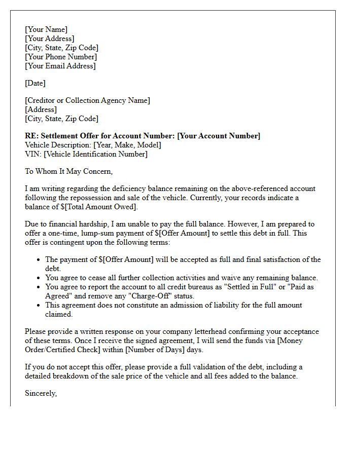 Auto Deficiency Debt Settlement Offer Letter