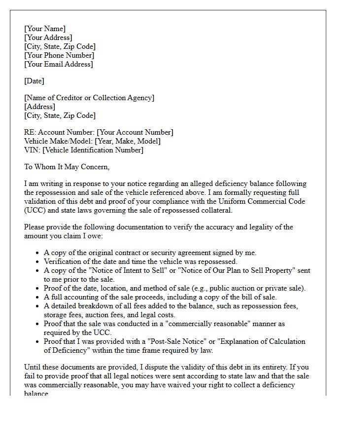 Auto Repossession Deficiency Balance Validation Letter