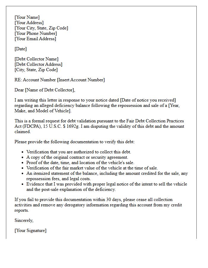 Consumer Request for Auto Deficiency Debt Validation Letter