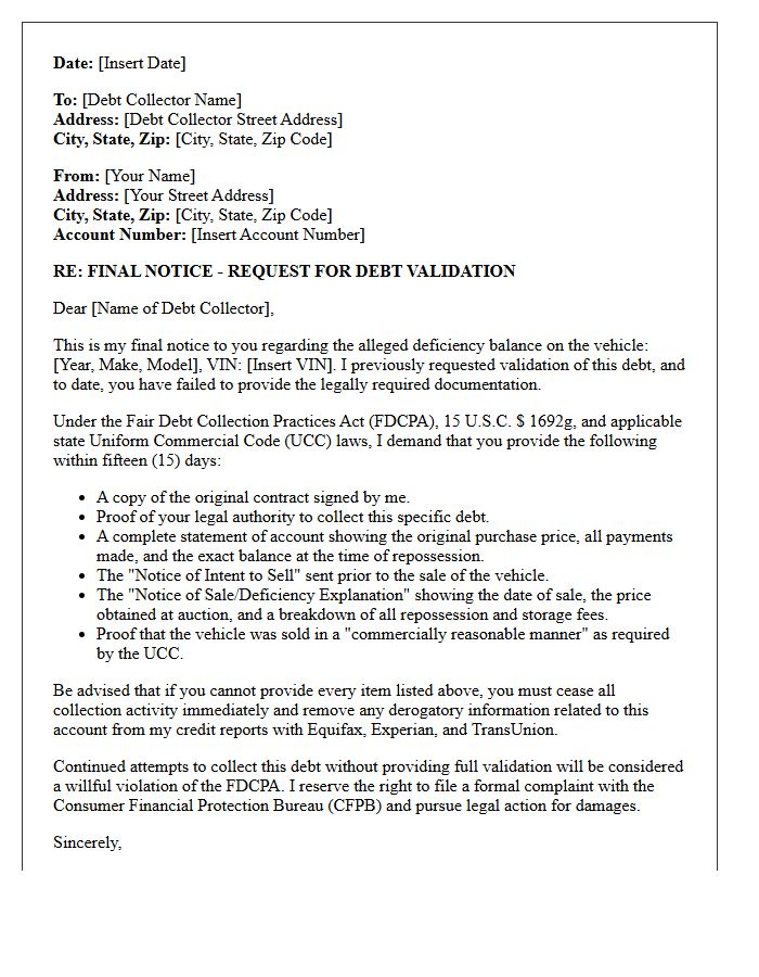 Final Notice Auto Deficiency Debt Validation Letter