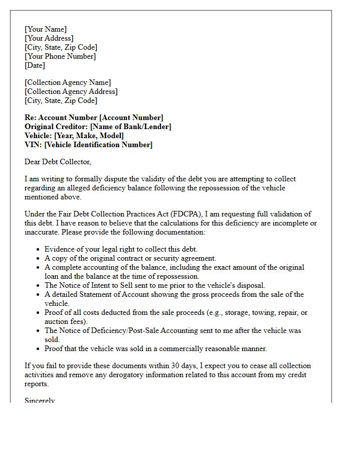 Incomplete Auto Deficiency Debt Validation Request Letter