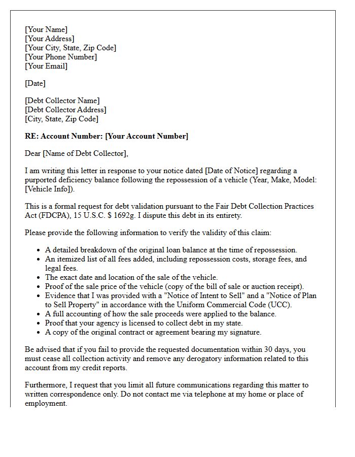 Initial Auto Deficiency Debt Validation Notice Letter