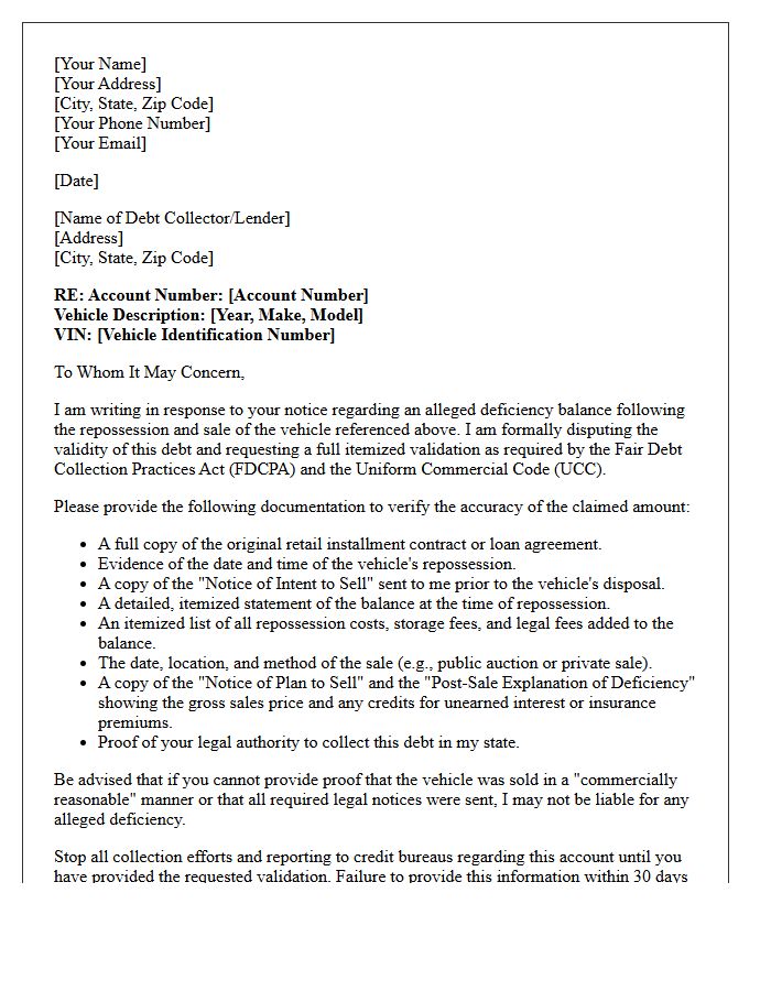 Itemized Auto Deficiency Debt Validation Response Letter