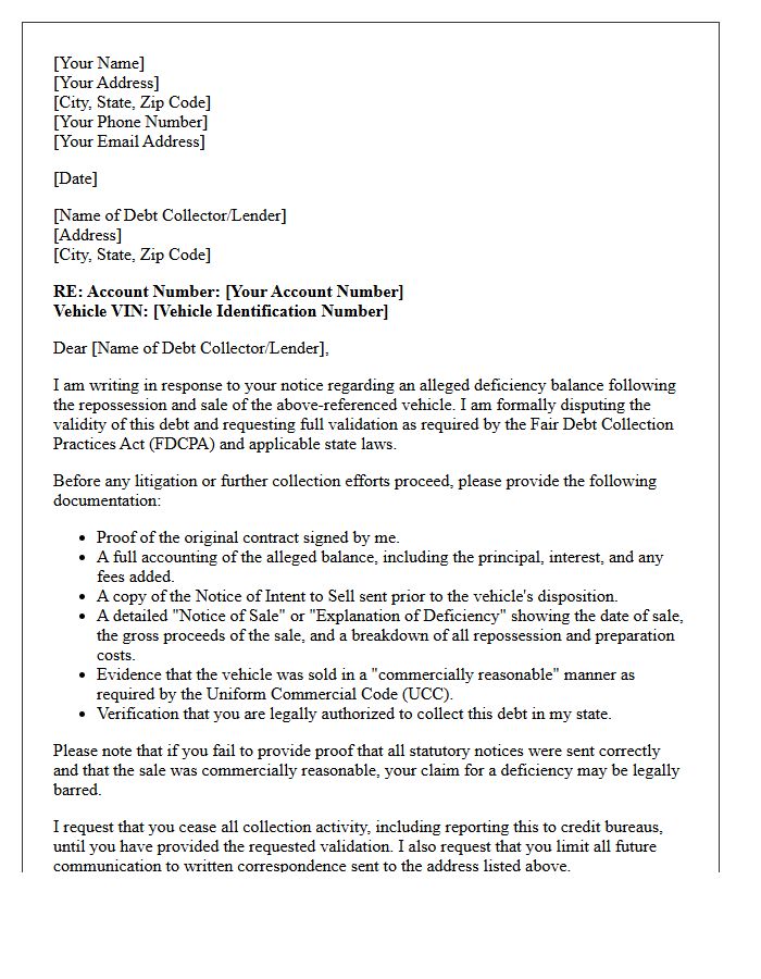 Pre-Litigation Auto Deficiency Debt Validation Letter