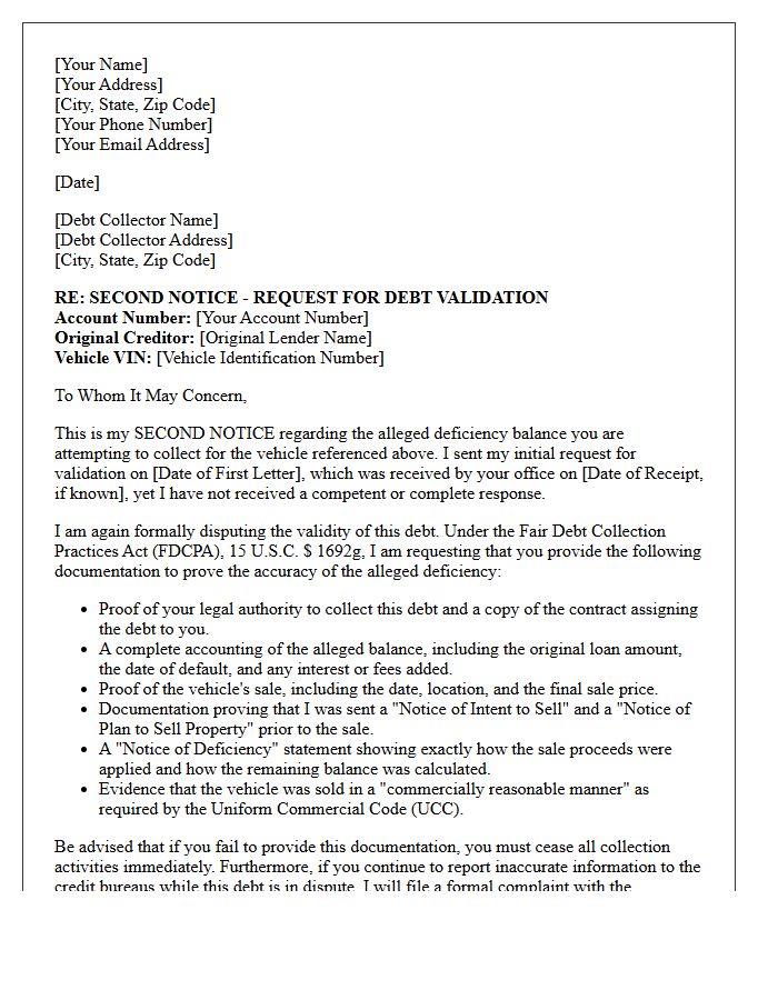 Second Notice Auto Deficiency Debt Validation Letter