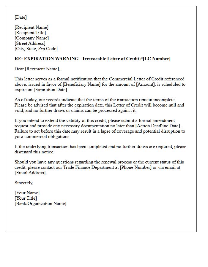Commercial Letter of Credit Expiration Warning Letter