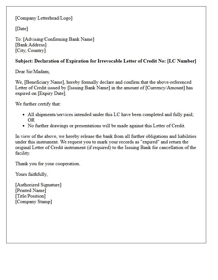 Documentary Letter of Credit Expiration Declaration Letter