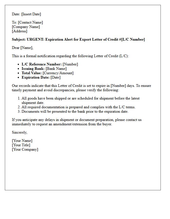 Export Letter of Credit Expiration Alert Letter