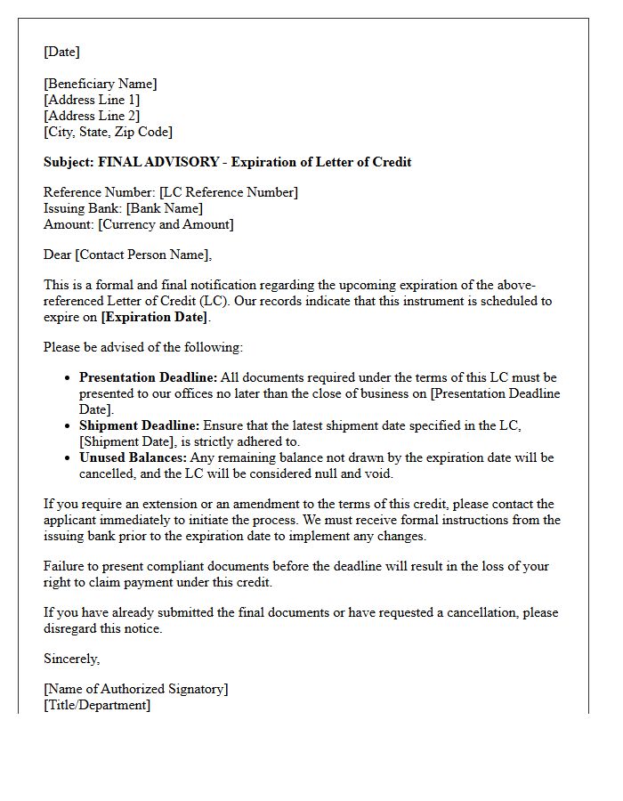 Final Advisory Letter for Letter of Credit Expiration