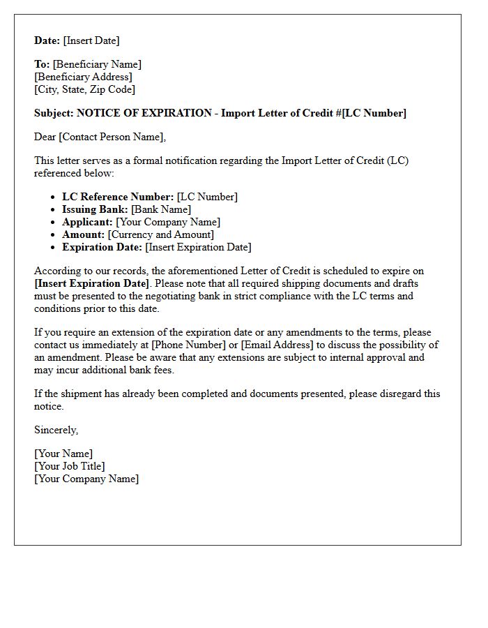 Import Letter of Credit Expiration Notice Letter