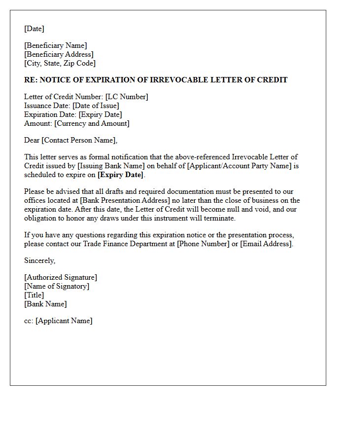 Irrevocable Letter of Credit Expiration Notice Letter