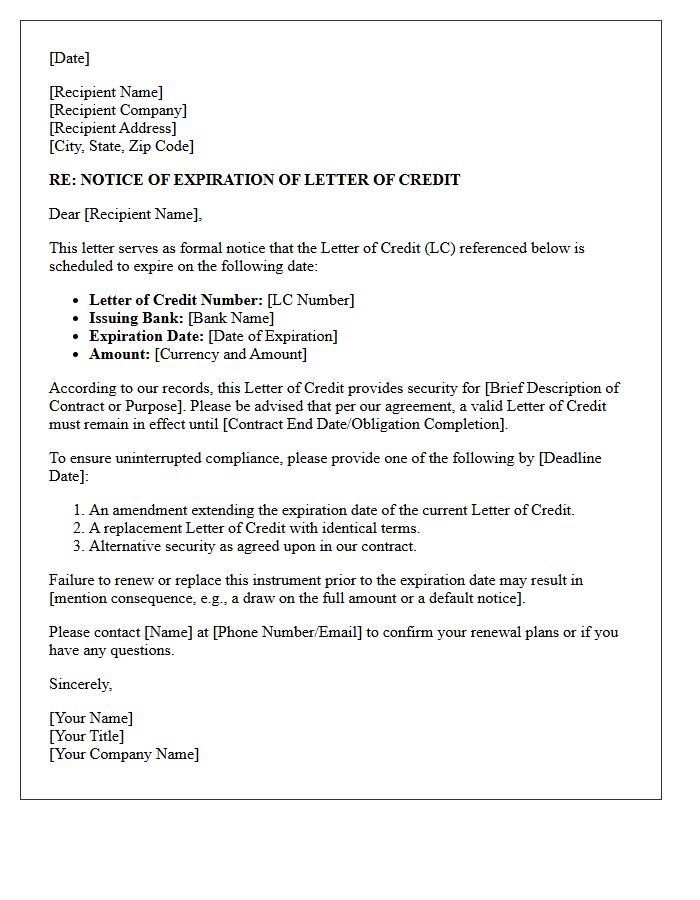 Notice of Letter of Credit Expiration Letter