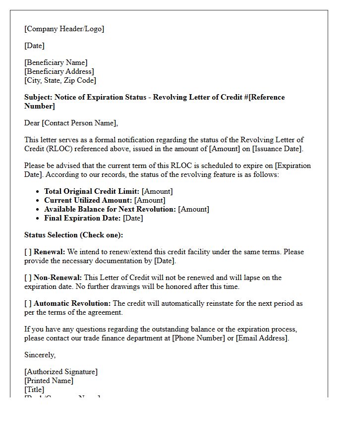 Revolving Letter of Credit Expiration Status Letter