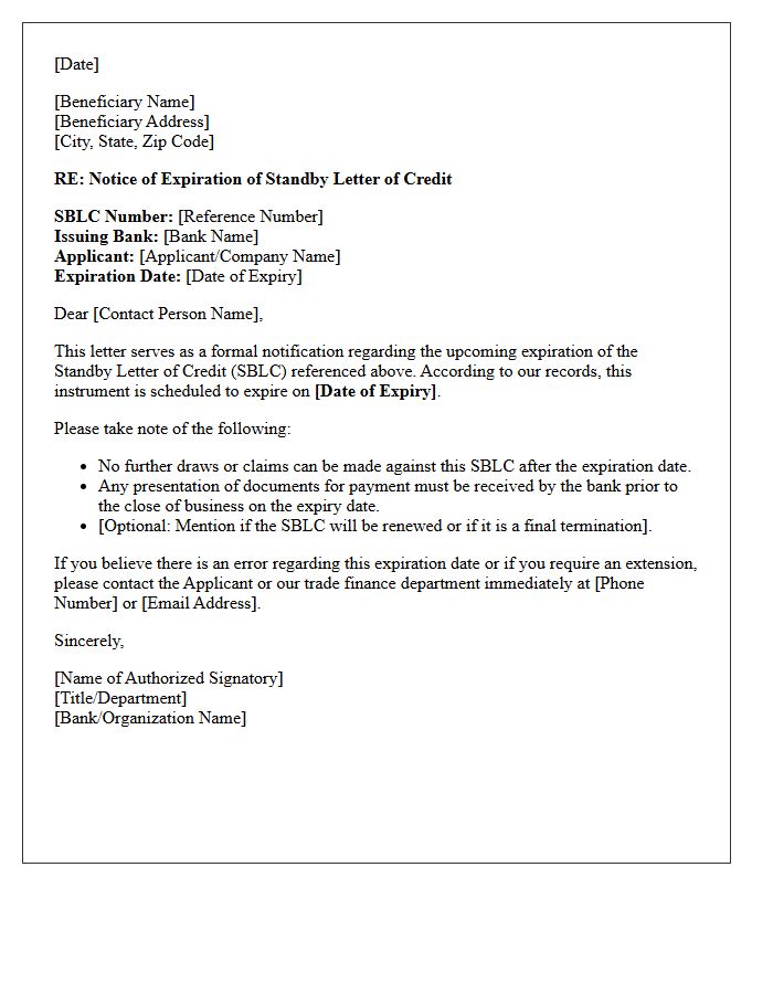 Standby Letter of Credit Expiration Notification Letter