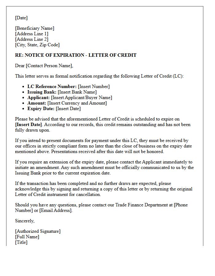 Trade Finance Letter of Credit Expiration Letter