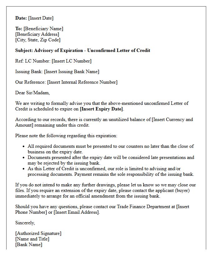 Unconfirmed Letter of Credit Expiration Advisory Letter