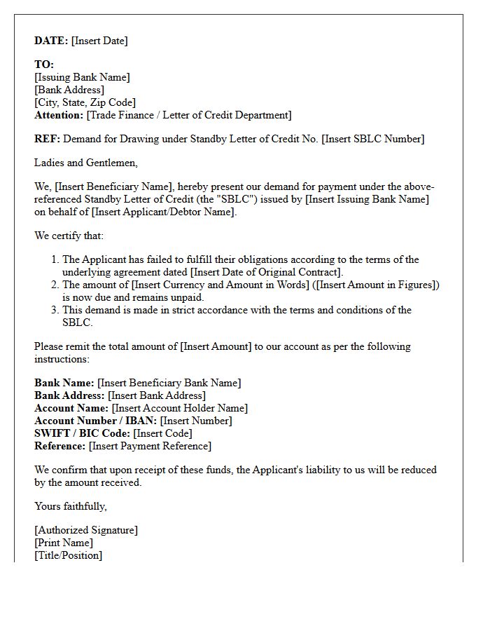 Beneficiary Demand Letter for Standby Letter of Credit Drawdown