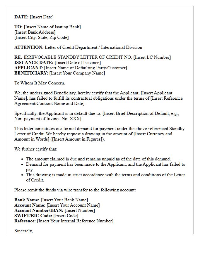 Commercial Default Demand Letter for Standby Letter of Credit