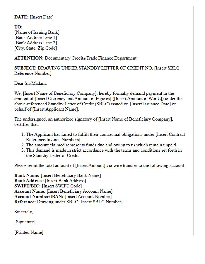 Corporate Beneficiary Demand Letter for Standby Letter of Credit Claim