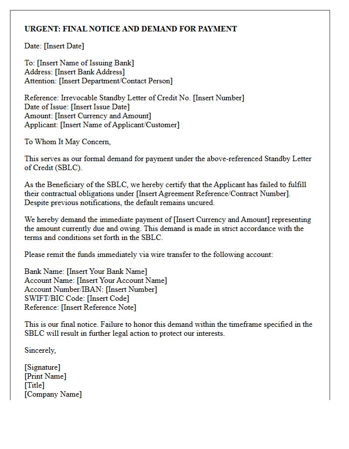 Final Notice and Demand Letter Under Standby Letter of Credit