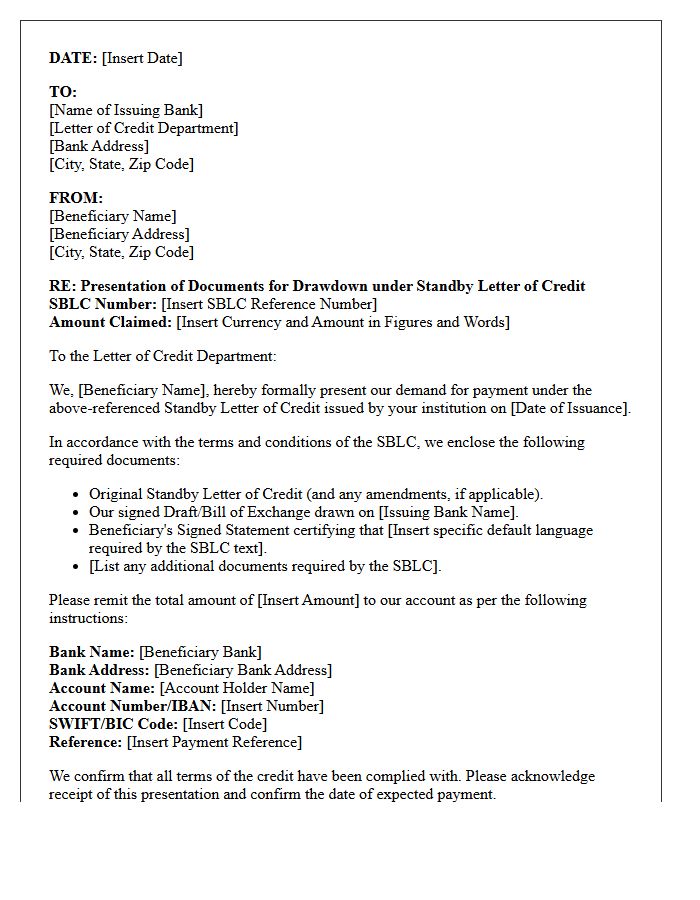 Issuing Bank Presentation Letter for Standby Letter of Credit Demand