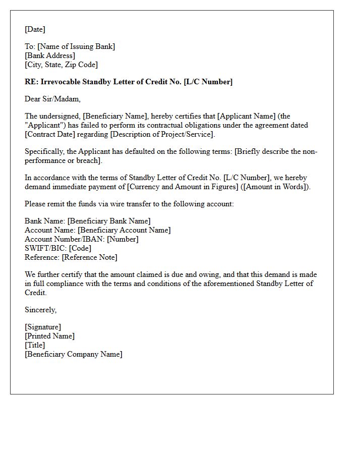 Non-Performance Demand Letter Against Standby Letter of Credit