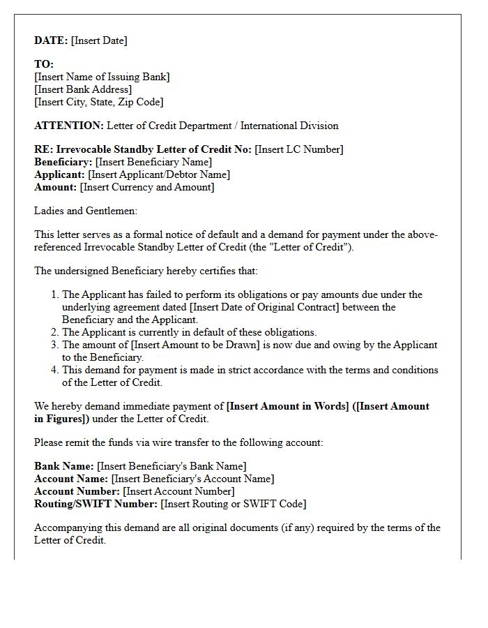 Notice of Default and Demand Letter Under Standby Letter of Credit