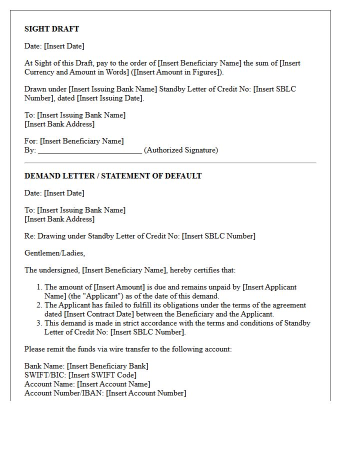Sight Draft and Demand Letter Under Standby Letter of Credit