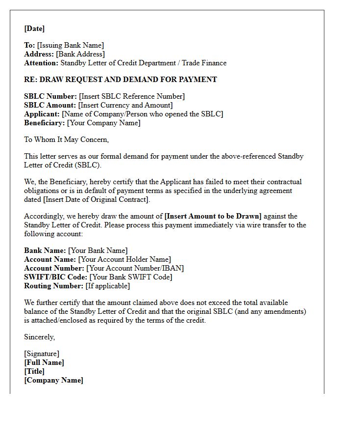 Standby Letter of Credit Draw Request and Demand Letter
