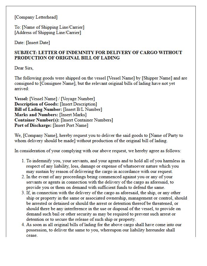 Corporate Letter of Indemnity for Missing Transport Documents Under Bank Guarantee