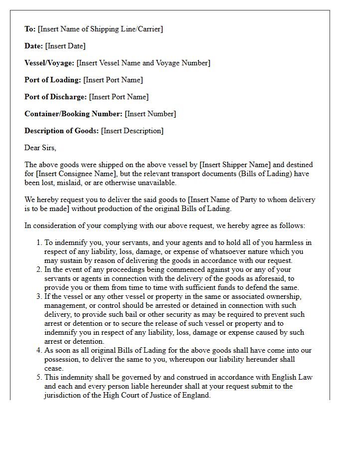 Countersigned Letter of Indemnity for Missing Transport Documents