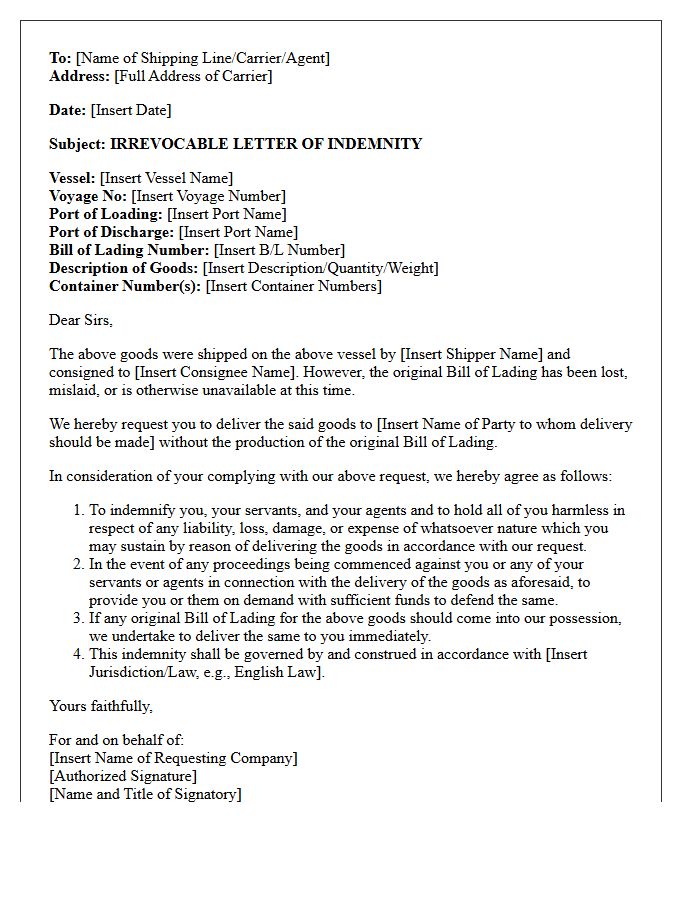 Irrevocable Letter of Indemnity for Missing Transport Documents