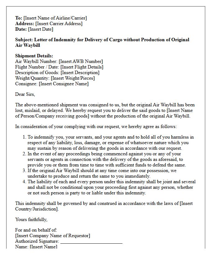 Letter of Indemnity for Missing Air Waybill