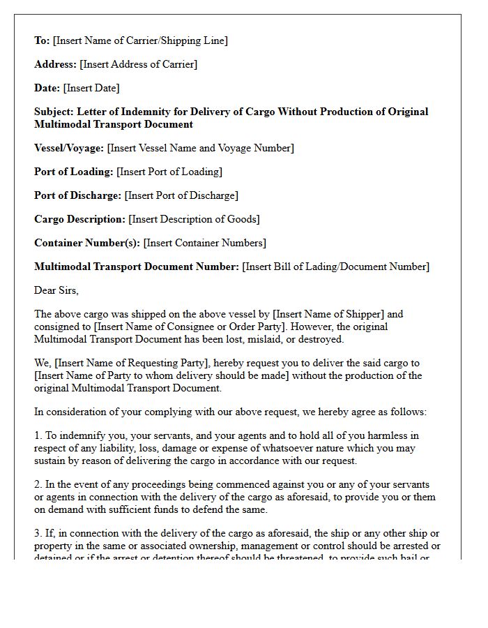 Letter of Indemnity for Missing Multimodal Transport Document