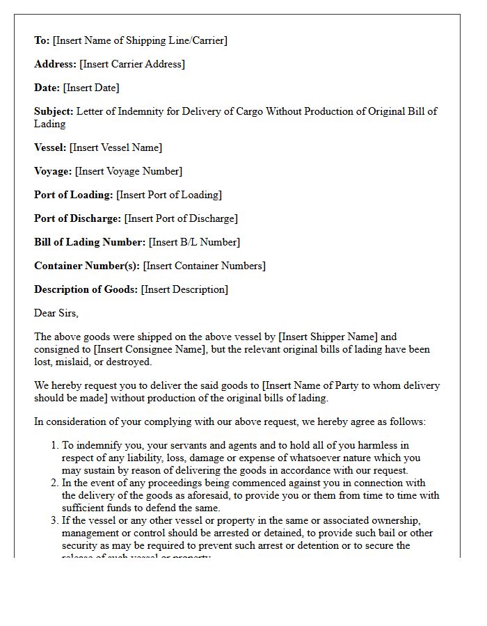 Letter of Indemnity for Missing Original Bill of Lading