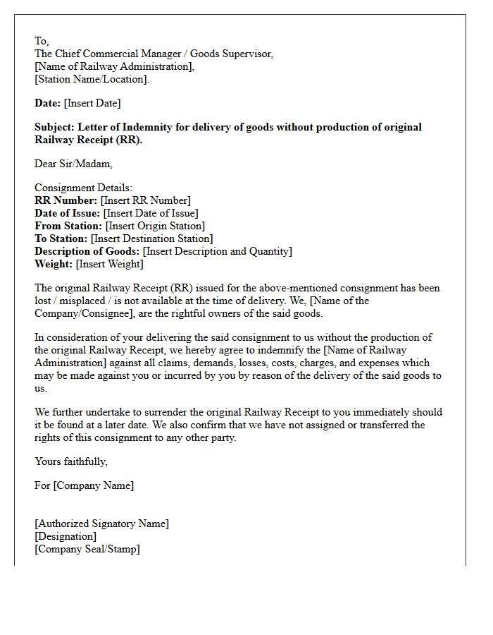 Letter of Indemnity for Missing Railway Receipt Document