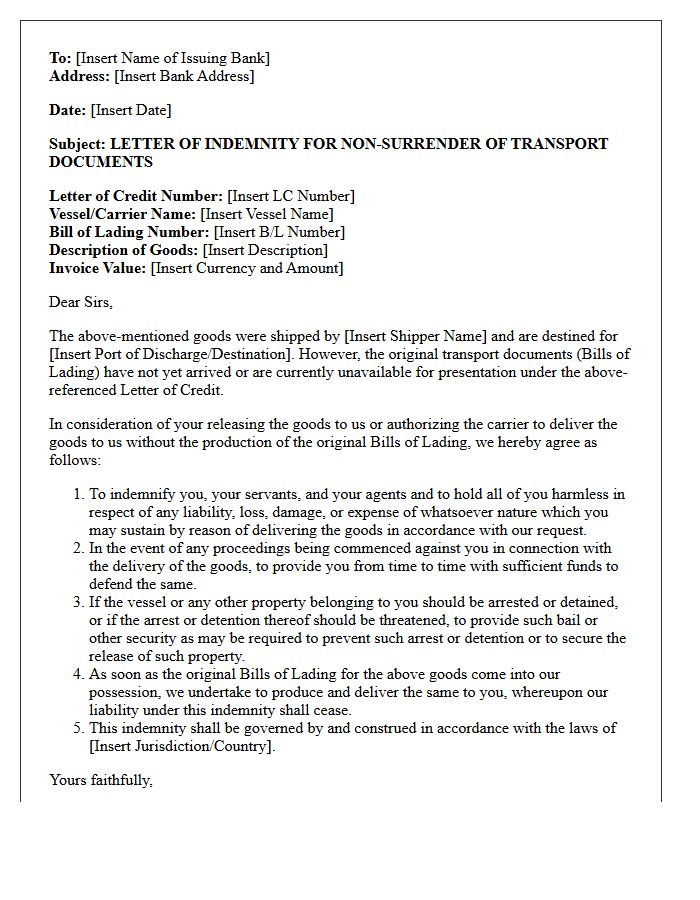 Letter of Indemnity for Non-Surrender of Transport Documents Under Letter of Credit