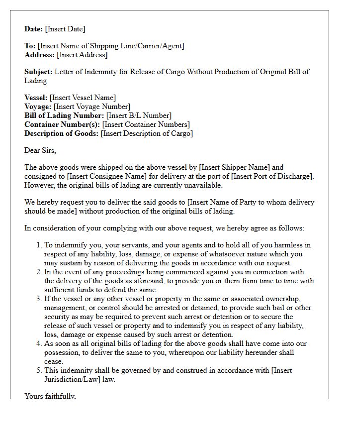 Letter of Indemnity for Release of Cargo Without Original Transport Documents