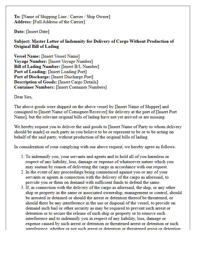 Master Letter of Indemnity for Missing Transport Documents