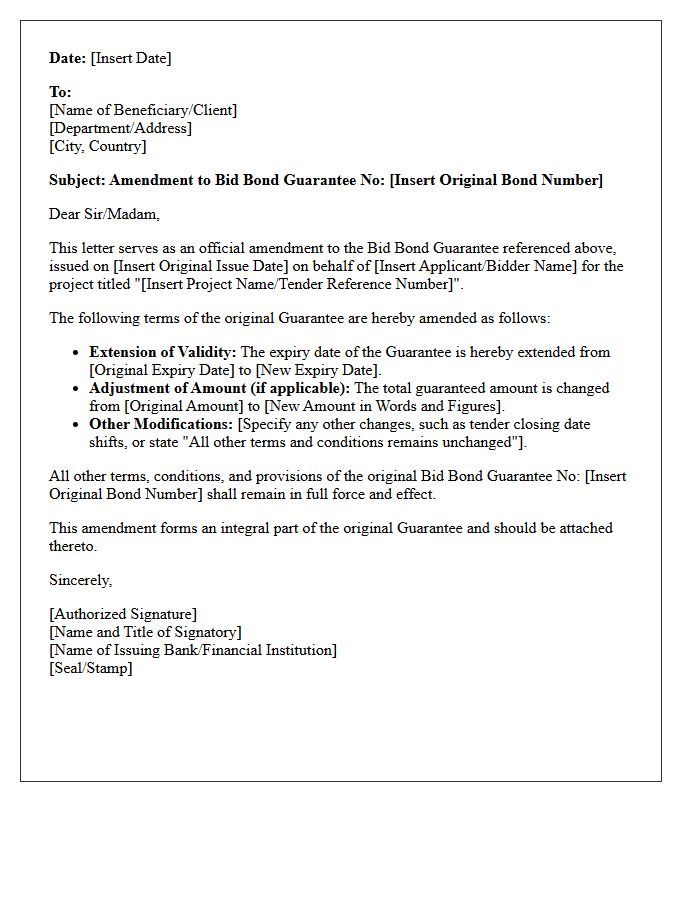 Bid Bond Guarantee Amendment Letter