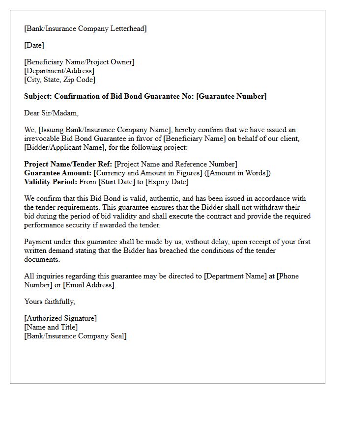 Bid Bond Guarantee Confirmation Letter